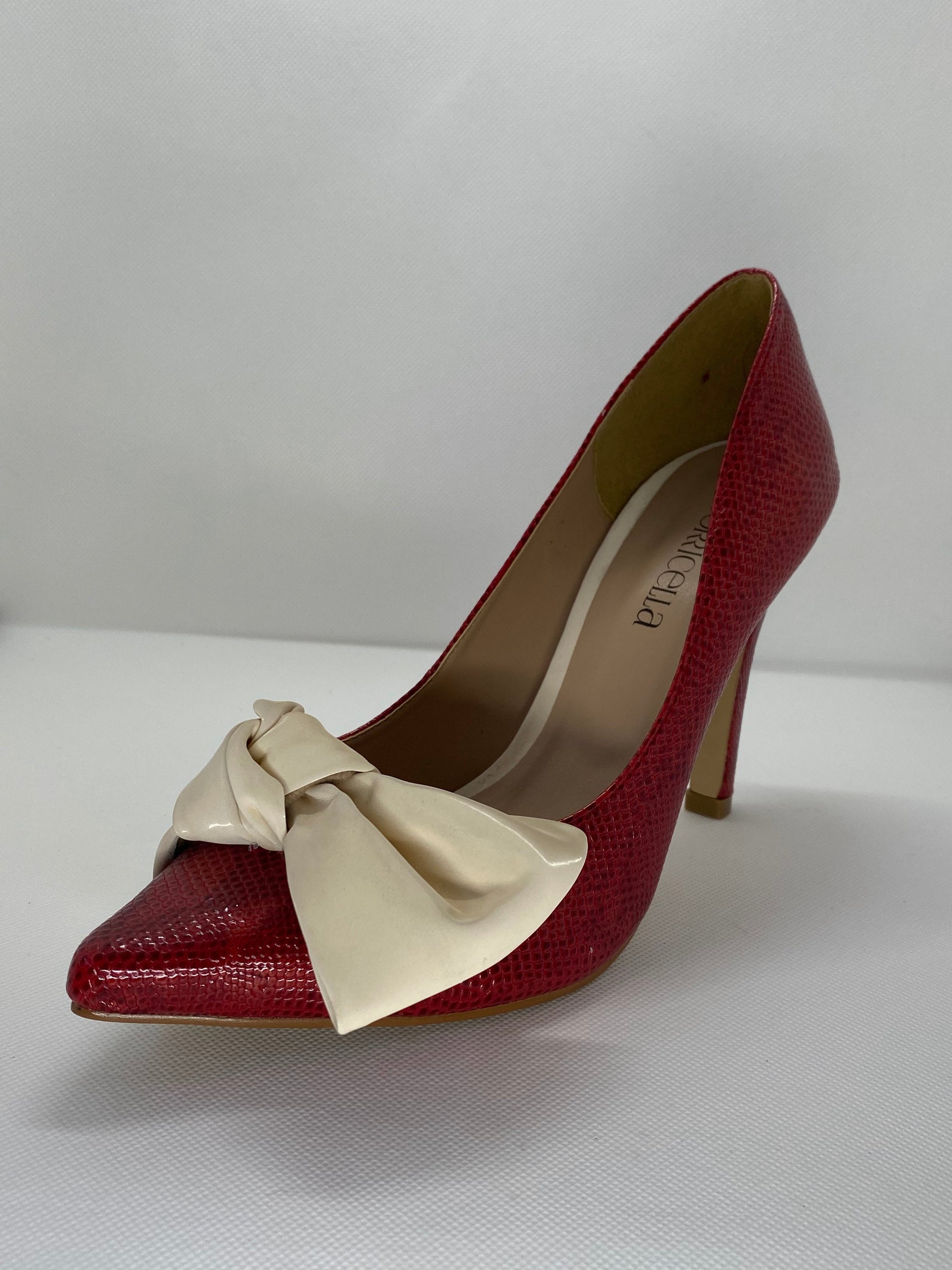 Red and cream bow top women shoes