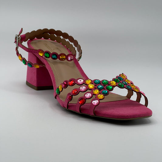 Pink sandals with colorful rocks embellishments, block hill ADORA