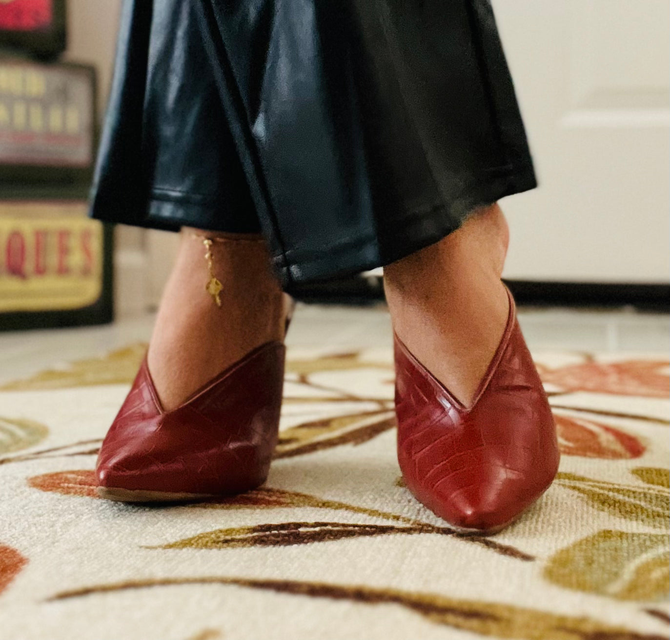 Red crock mule mid heeled shoes in red.