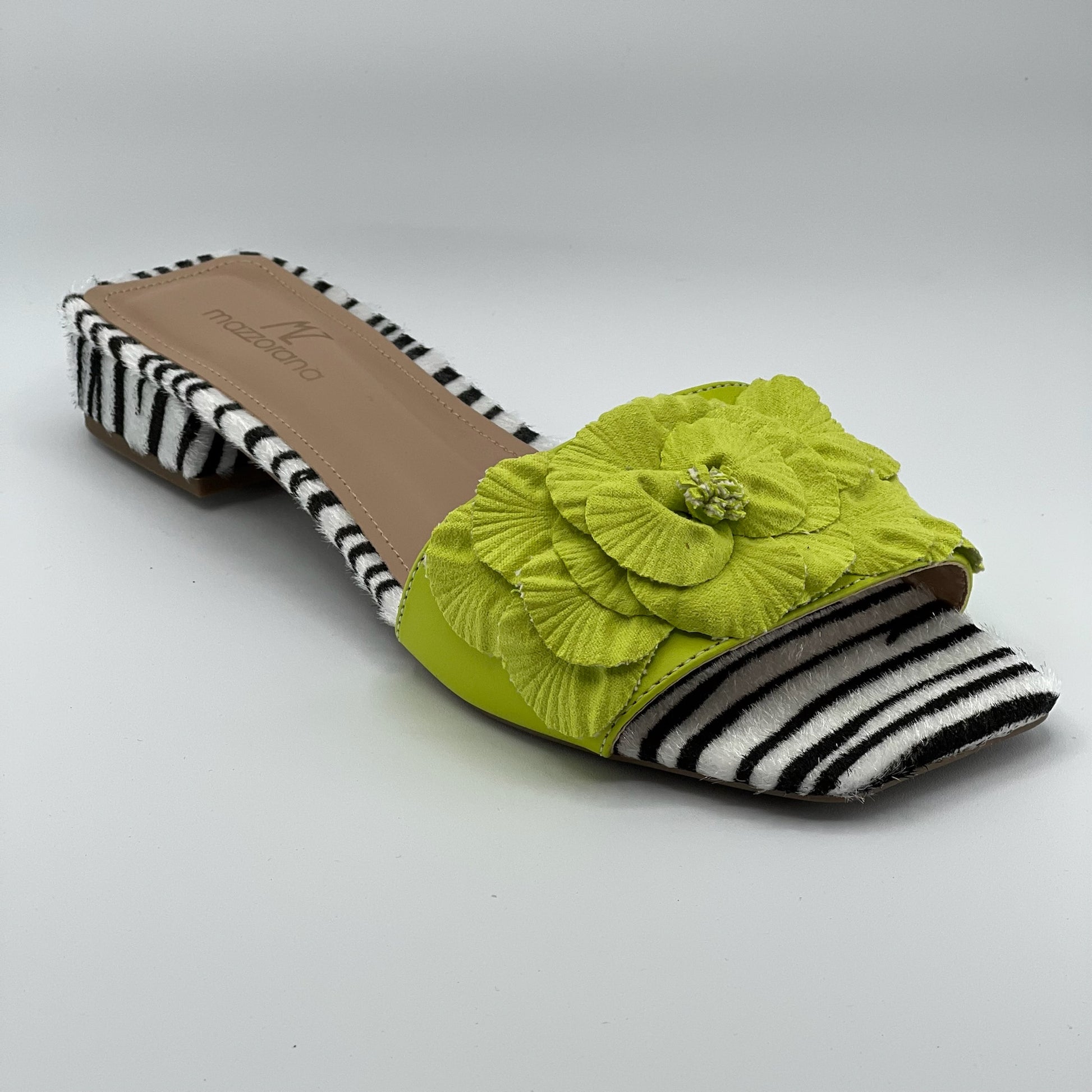 Flat shoes, zebra bottom with Napa lime siciliano thick top strap, ADORA
