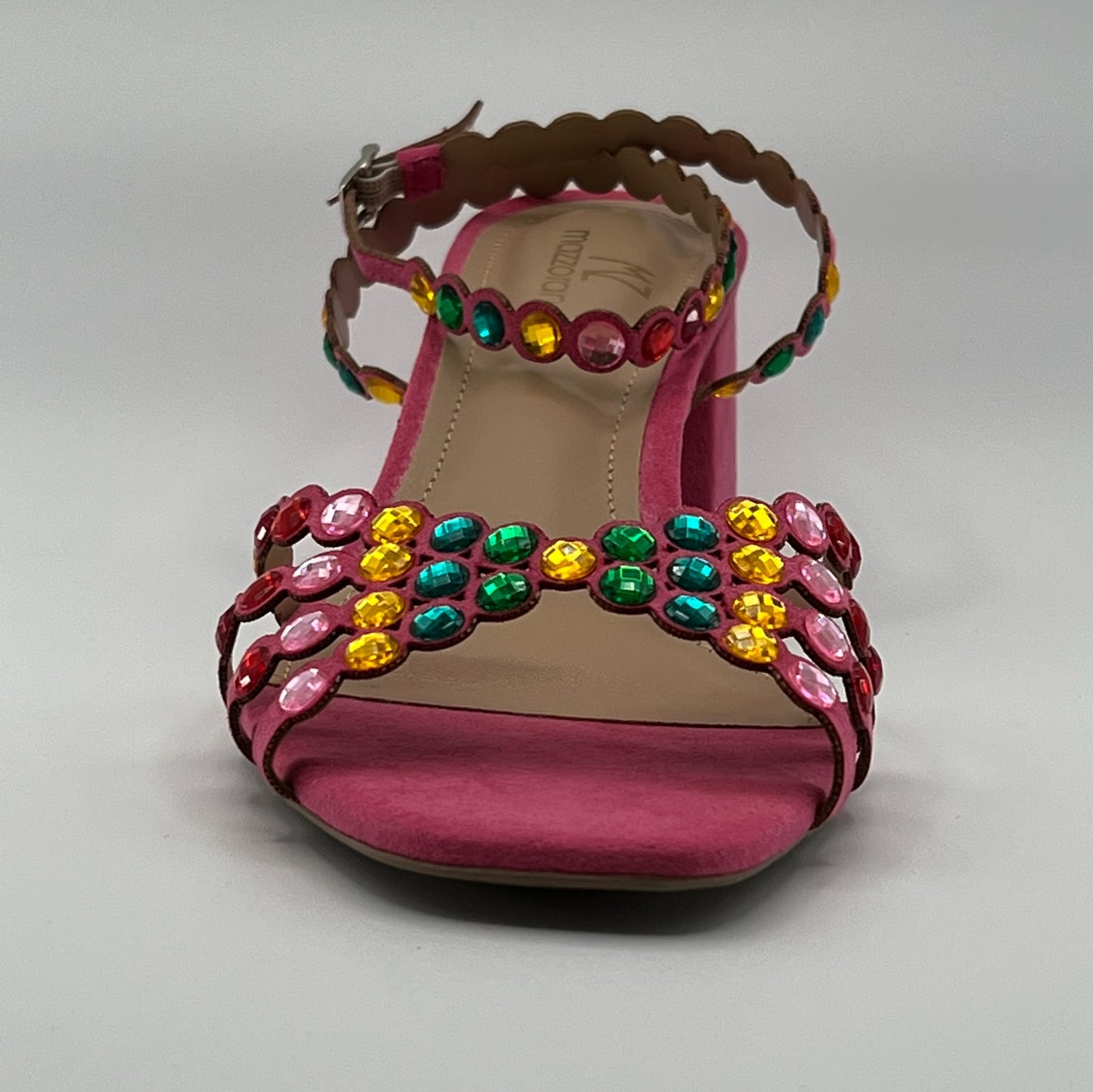 Pink sandals with colorful rocks embellishments, block hill ADORA